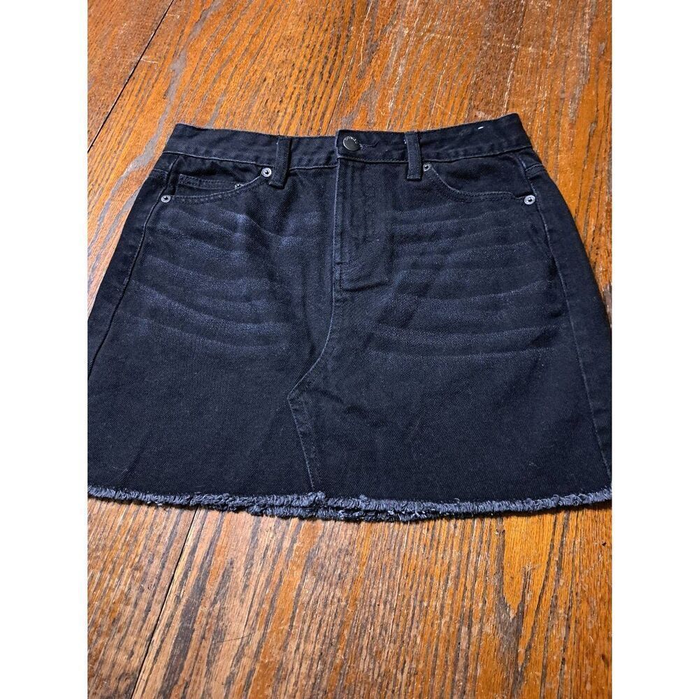 Medium Bongo Black Denim Jean Cotton Mini Skirt with Pockets Belt Loops Raw Hem